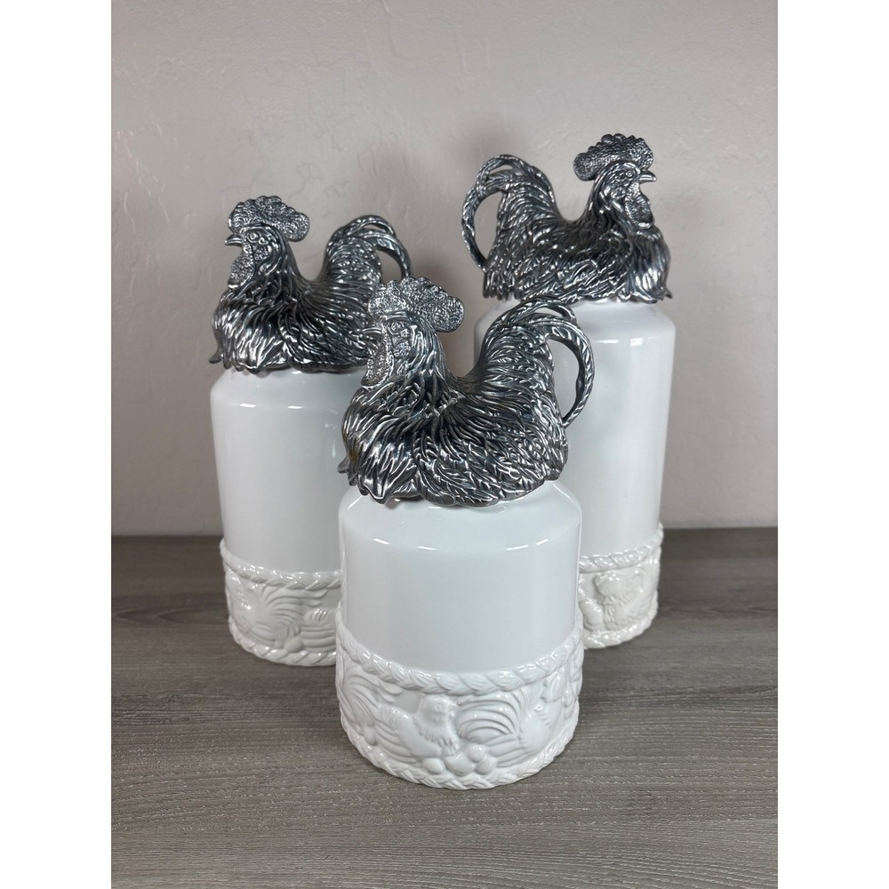 Arthur Court White Canisters‎ with Design and Aluminum Roosters 2004 Set of 3